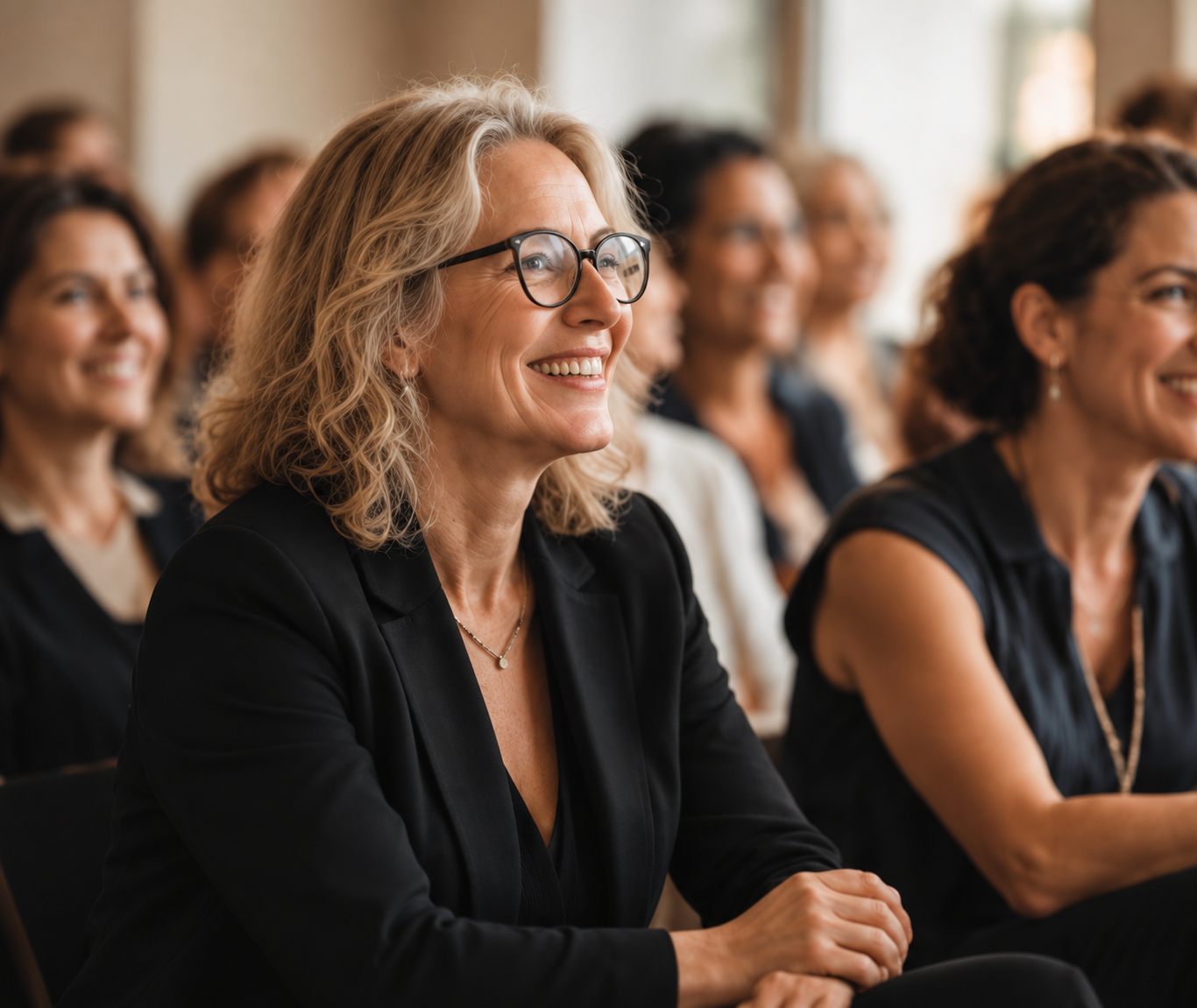 Women listening and laughing together at a SheWorks50+ event