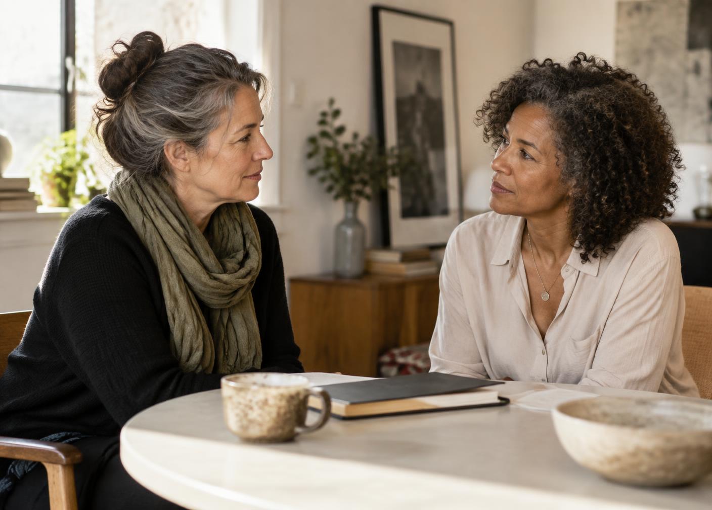 Two women in their fifties in a one-to-one conversation