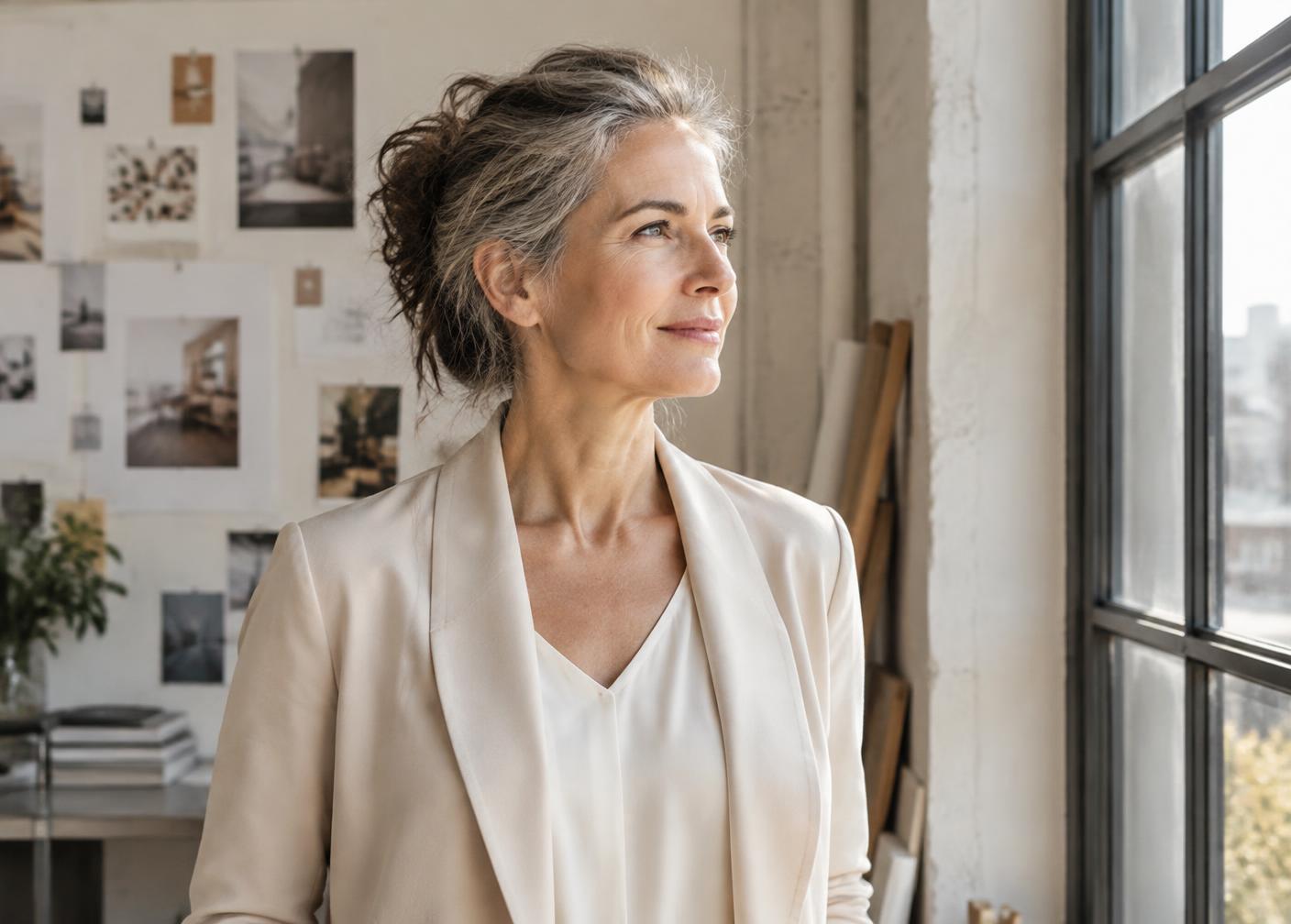 A woman in her fifties in a bright creative workspace