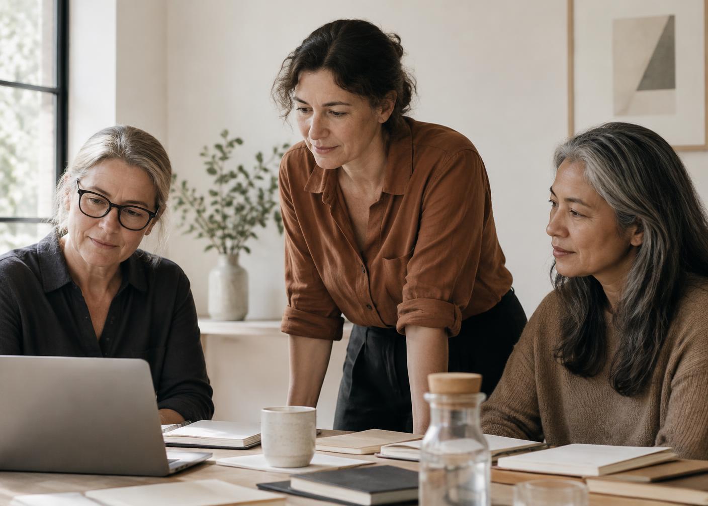Women working together in a bright workshop room
